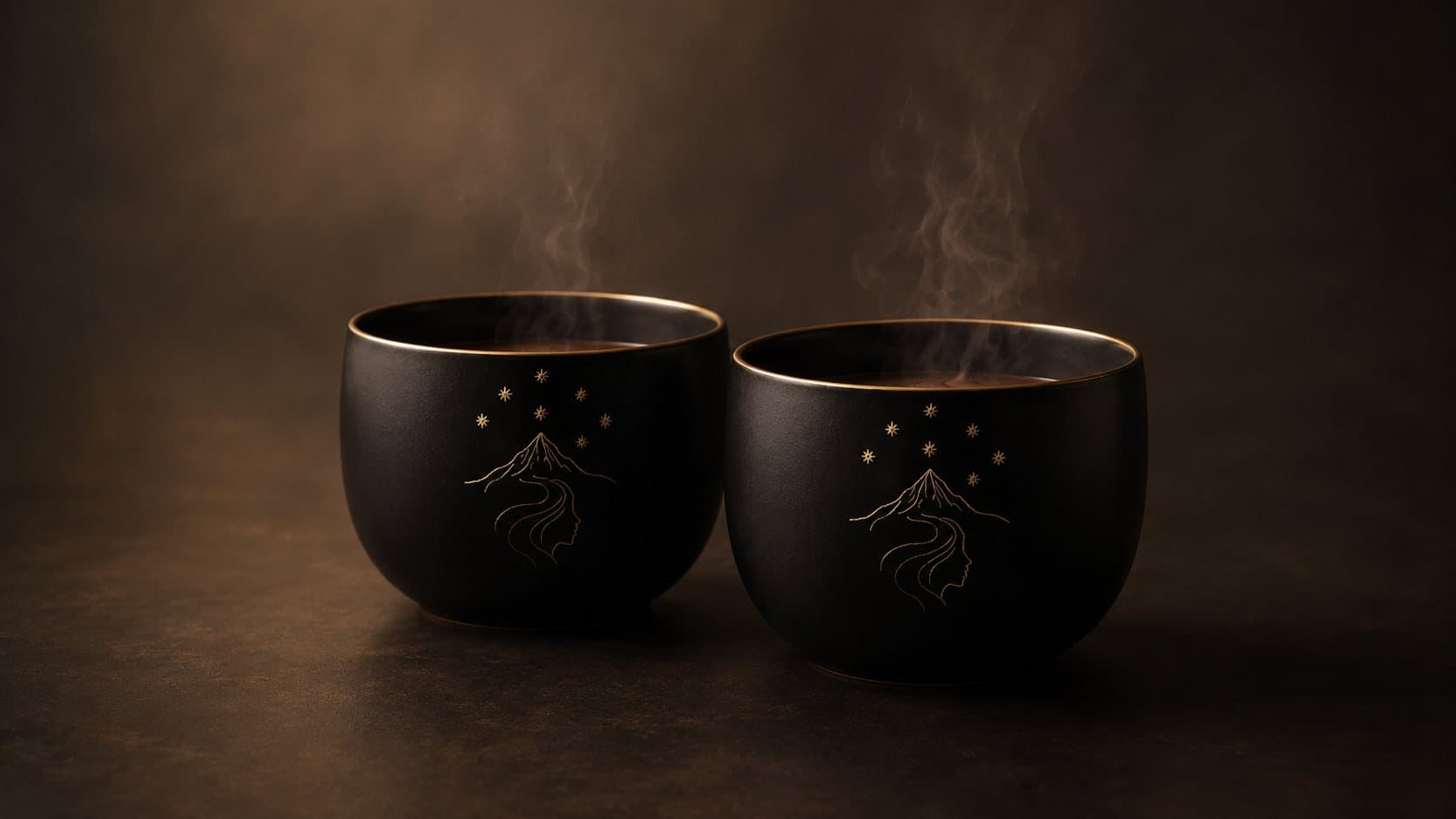 Two black Seven Sisters cups of cacao, steaming