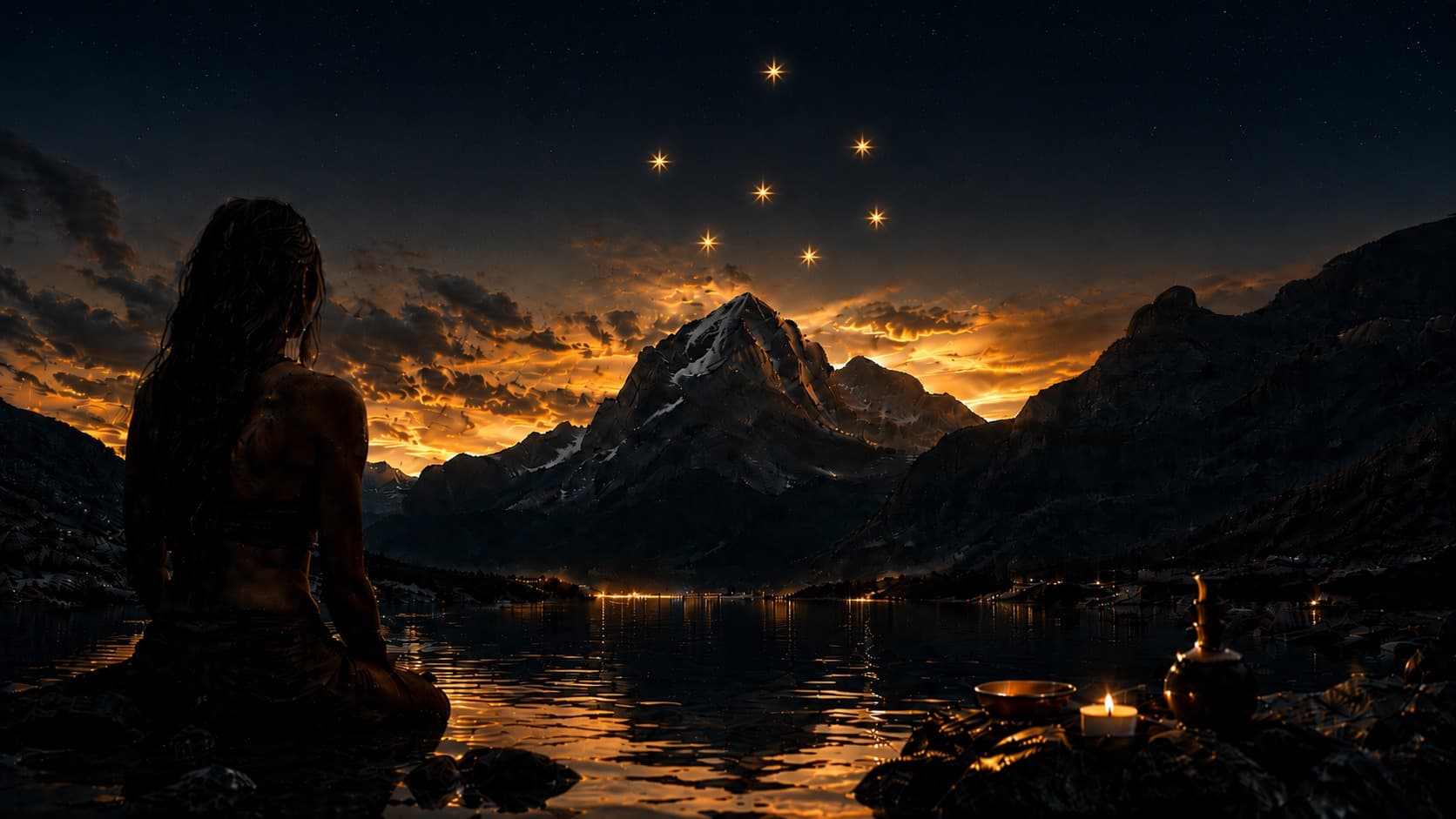 A woman sitting at the edge of a still lake at night, looking towards a moonlit mountain, with the seven stars of the Pleiades above and a candle burning beside her