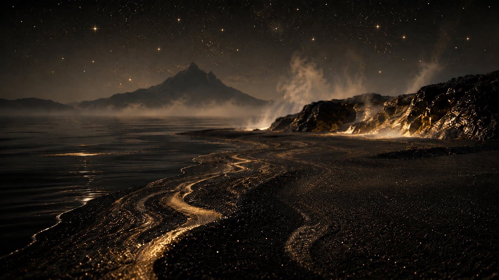A black volcanic shoreline at night beneath a mountain, veins of gold light running through the wet sand and mist rising from the rocks